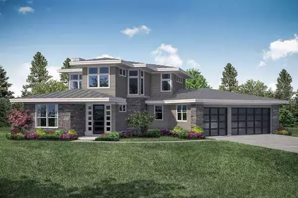 Prairie house plans 17-1011 - front exterior, 3,027 sq ft, 3 bed, 3 bath house plans | Monster House Plans
