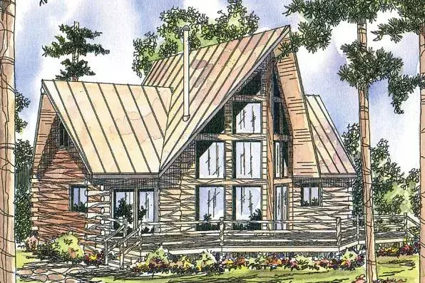 Log Cabin house plans 17-318 - front exterior, 1,216 sq ft, 2 bed, 2 bath house plans | Monster House Plans