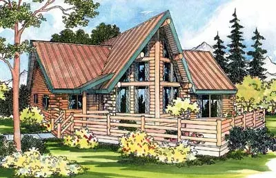 Log Cabin house plans 17-319 - front exterior, 1,384 sq ft, 2 bed, 2 bath house plans | Monster House Plans