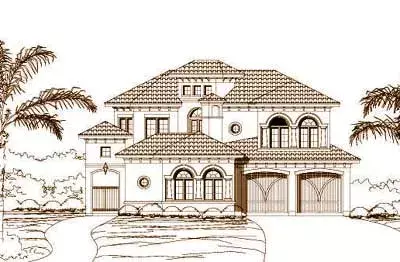 Tuscan house plans 19-225 - front exterior, 3,823 sq ft, 3 bed, 3 bath house plans | Monster House Plans