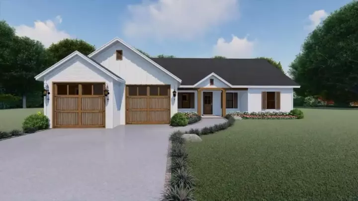 Ranch house plans 2-124 - front exterior, 1,400 sq ft, 3 bed, 2 bath house plans | Monster House Plans