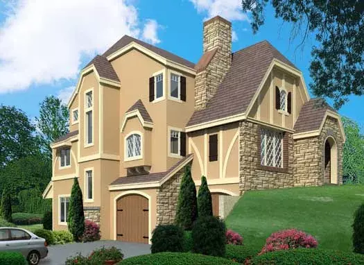 European house plans 21-628 - front exterior, 2,199 sq ft, 2 bed, 3 bath house plans | Monster House Plans