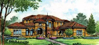 Spanish house plans 28-139 - front exterior, 6,593 sq ft, 4 bed, 5 bath house plans | Monster House Plans