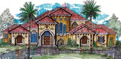 Spanish house plans 28-146 - front exterior, 6,937 sq ft, 5 bed, 5 bath house plans | Monster House Plans