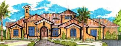 Spanish house plans 28-154 - front exterior, 5,299 sq ft, 4 bed, 4 bath house plans | Monster House Plans