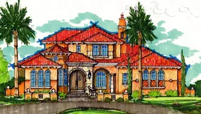 Spanish house plans 28-156 - front exterior, 4,891 sq ft, 4 bed, 4 bath house plans | Monster House Plans