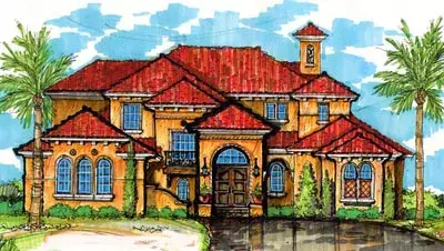 Spanish house plans 28-157 - front exterior, 6,910 sq ft, 4 bed, 5 bath house plans | Monster House Plans
