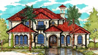 Mediterranean house plans 28-158 - front exterior, 6,199 sq ft, 4 bed, 5 bath house plans | Monster House Plans