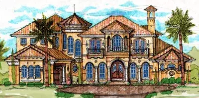 Spanish house plans 28-159 - front exterior, 6,524 sq ft, 5 bed, 5 bath house plans | Monster House Plans