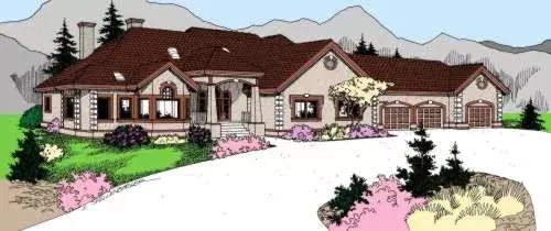 European house plans 33-604 - front exterior, 3,488 sq ft, 3 bed, 3 bath house plans | Monster House Plans