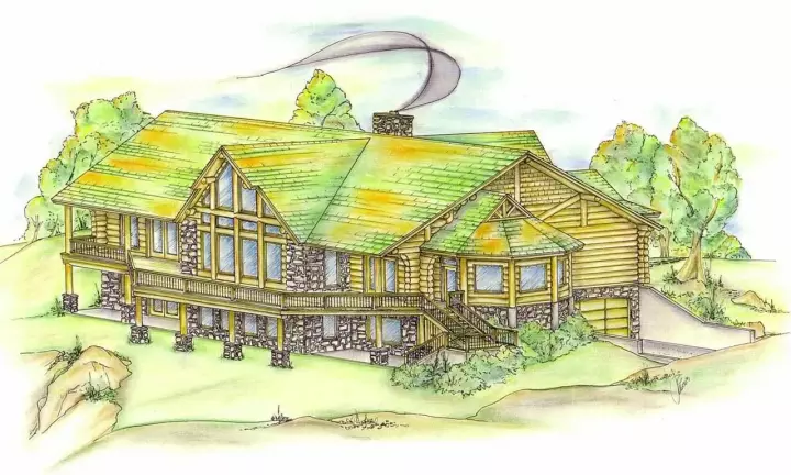 Log Cabin house plans 34-105 - front exterior, 3,649 sq ft, 4 bed, 2 bath house plans | Monster House Plans