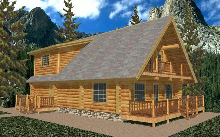 Log Cabin house plans 34-106 - front exterior, 2,053 sq ft, 2 bed, 3 bath house plans | Monster House Plans