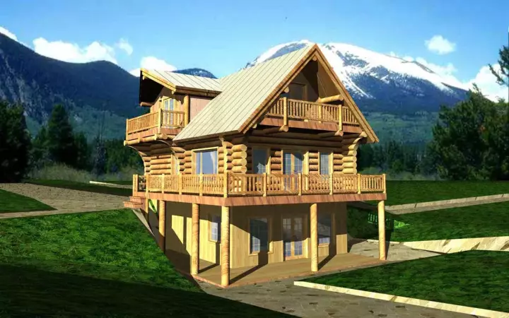 Log Cabin house plans 34-107 - front exterior, 1,923 sq ft, 3 bed, 3 bath house plans | Monster House Plans