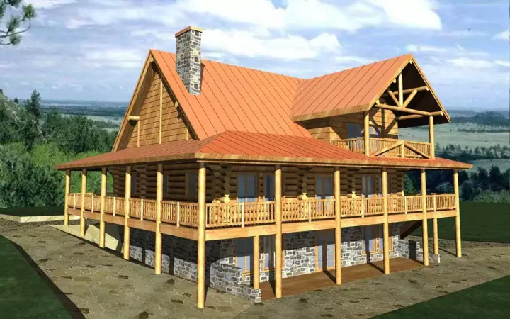 Log Cabin house plans 34-111 - front exterior, 4,398 sq ft, 2 bed, 2 bath house plans | Monster House Plans