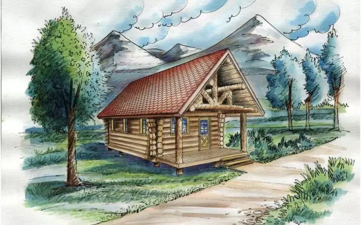 Log Cabin house plans 34-120 - front exterior, 595 sq ft, 1 bed, 0 bath house plans | Monster House Plans
