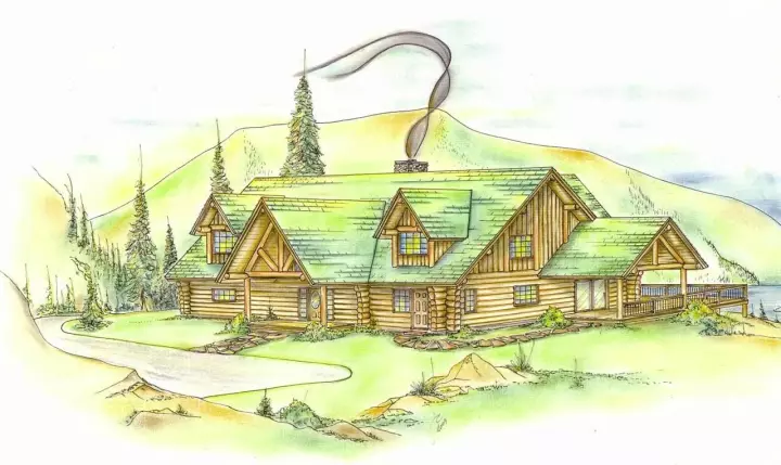 Log Cabin house plans 34-123 - front exterior, 2,155 sq ft, 3 bed, 2 bath house plans | Monster House Plans