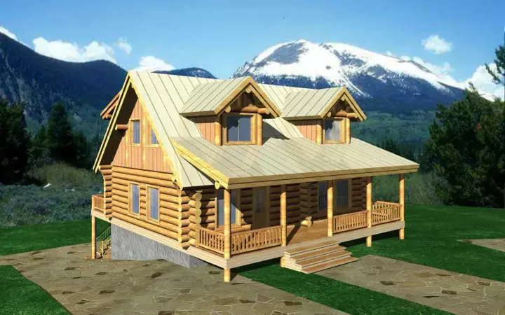 Log Cabin house plans 34-125 - front exterior, 2,591 sq ft, 2 bed, 2 bath house plans | Monster House Plans
