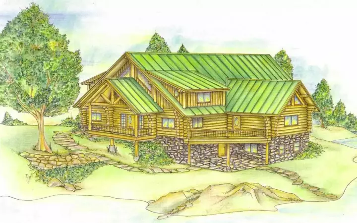 Log Cabin house plans 34-128 - front exterior, 4,215 sq ft, 2 bed, 3 bath house plans | Monster House Plans