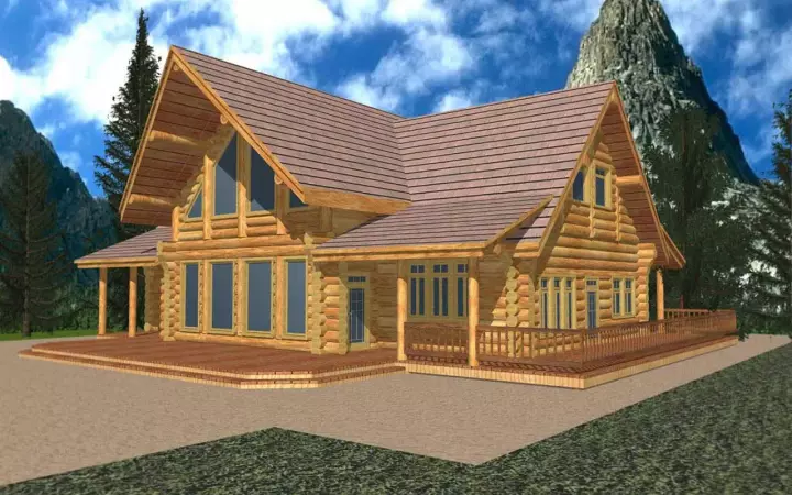 Log Cabin house plans 34-130 - front exterior, 2,683 sq ft, 2 bed, 2 bath house plans | Monster House Plans