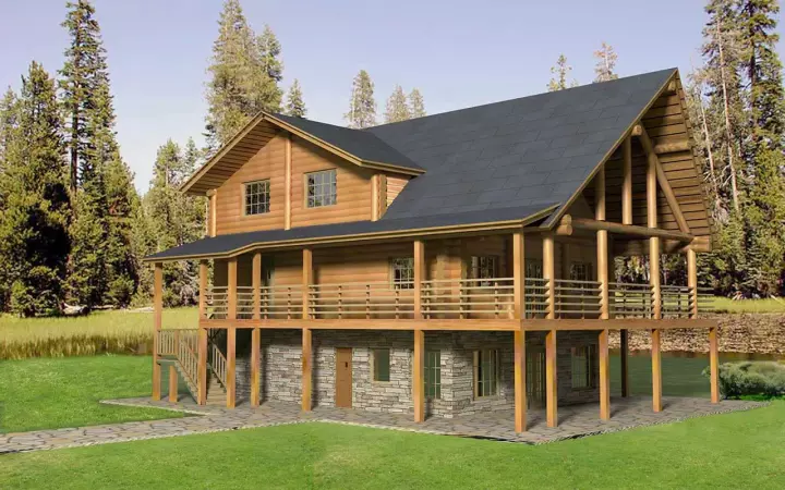 Log Cabin house plans 34-131 - front exterior, 3,108 sq ft, 4 bed, 3 bath house plans | Monster House Plans