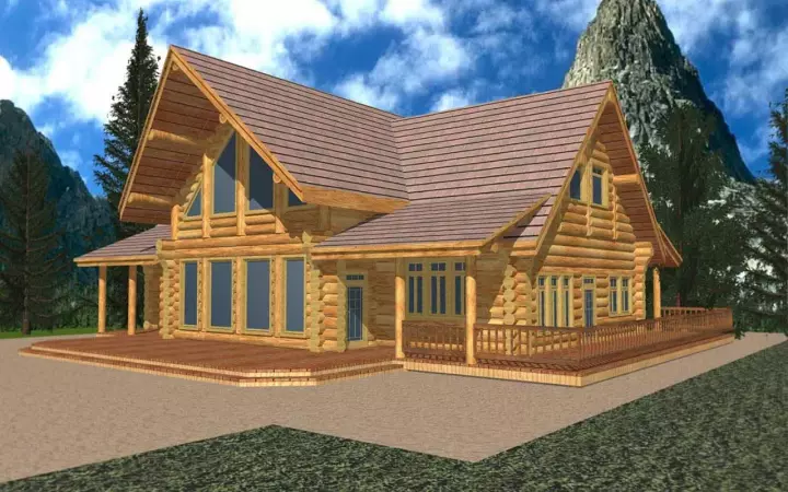 Log Cabin house plans 34-136 - front exterior, 2,576 sq ft, 2 bed, 2 bath house plans | Monster House Plans