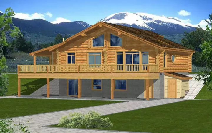Log Cabin house plans 34-139 - front exterior, 2,875 sq ft, 2 bed, 3 bath house plans | Monster House Plans
