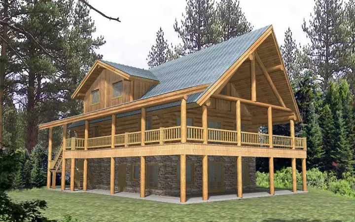 Log Cabin house plans 34-143 - front exterior, 3,108 sq ft, 4 bed, 3 bath house plans | Monster House Plans