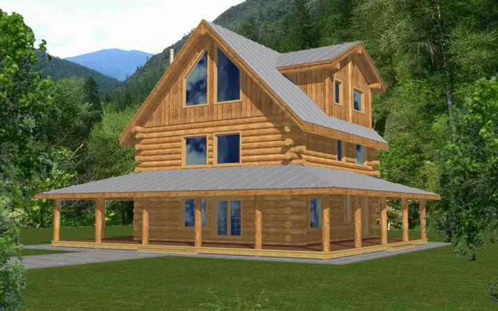 Log Cabin house plans 34-147 - front exterior, 2,042 sq ft, 4 bed, 2 bath house plans | Monster House Plans
