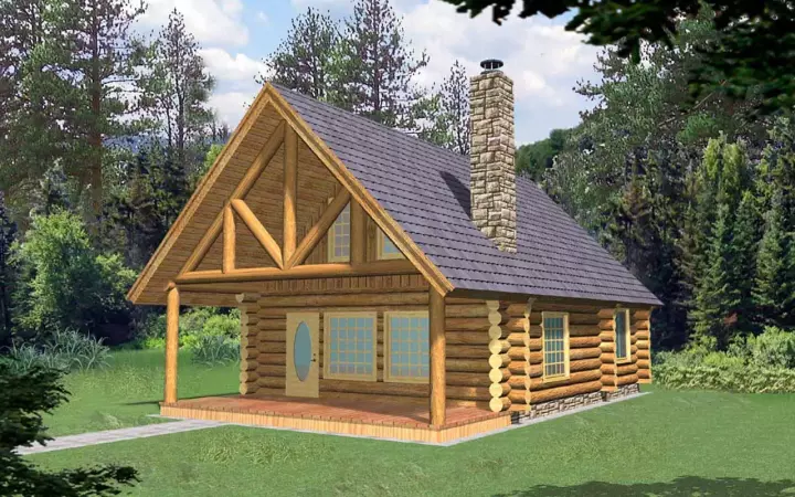 Log Cabin house plans 34-150 - front exterior, 1,040 sq ft, 1 bed, 1 bath house plans | Monster House Plans