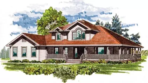 Farmhouse house plans 35-555 - front exterior, 2,603 sq ft, 4 bed, 2 bath house plans | Monster House Plans