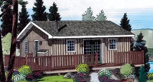 Mountain Rustic house plans 46-252 - front exterior, 728 sq ft, 2 bed, 1 bath house plans | Monster House Plans