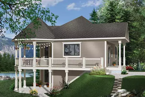 Waterfront house plans 5-735 - front exterior, 840 sq ft, 1 bed, 1 bath house plans | Monster House Plans