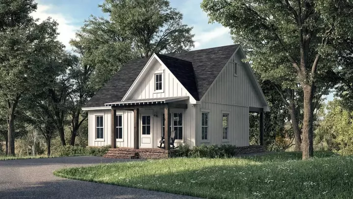 Modern Farmhouse house plans 50-472 - front exterior, 780 sq ft, 1 bed, 1 bath house plans | Monster House Plans