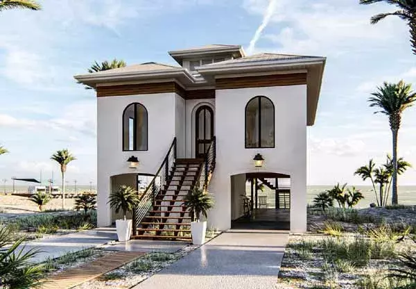 Coastal house plans 52-412 - front exterior, 1,064 sq ft, 2 bed, 1 bath house plans | Monster House Plans