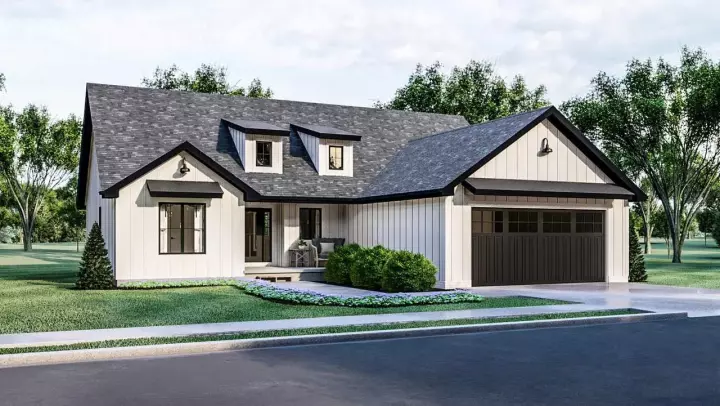 Modern Farmhouse house plans 52-493 - front exterior, 1,457 sq ft, 3 bed, 2 bath house plans | Monster House Plans