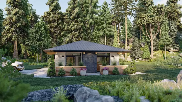Modern house plans 52-573 - front exterior, 676 sq ft, 2 bed, 1 bath house plans | Monster House Plans