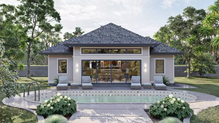 Contemporary house plans 52-577 - front exterior, 546 sq ft, 0 bed, 2 bath house plans | Monster House Plans