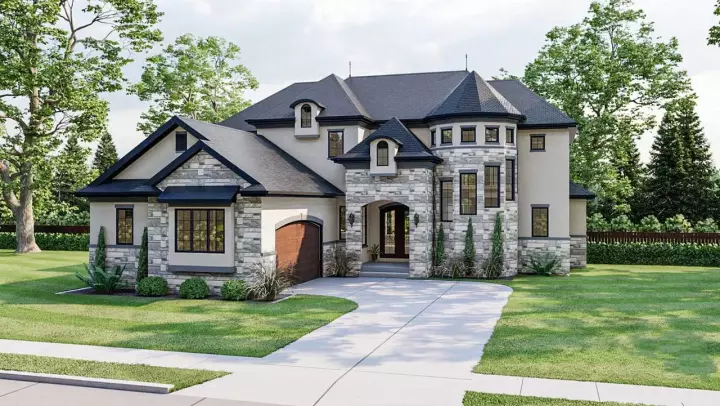 French Country house plans 52-579 - front exterior, 3,549 sq ft, 4 bed, 3 bath house plans | Monster House Plans