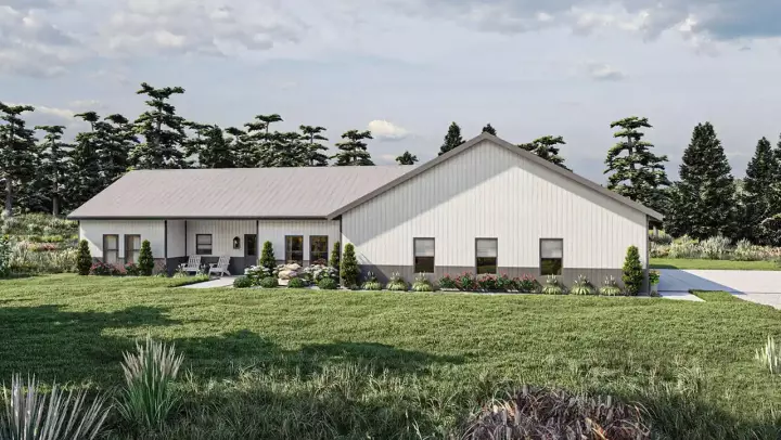 Barndominium house plans 52-617 - front exterior, 1,458 sq ft, 2 bed, 1 bath house plans | Monster House Plans