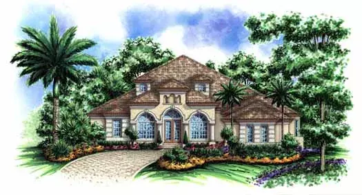 Mediterranean house plans 55-125 - front exterior, 3,695 sq ft, 3 bed, 5 bath house plans | Monster House Plans