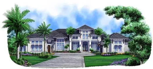 Coastal house plans 55-233 - front exterior, 5,377 sq ft, 4 bed, 4 bath house plans | Monster House Plans