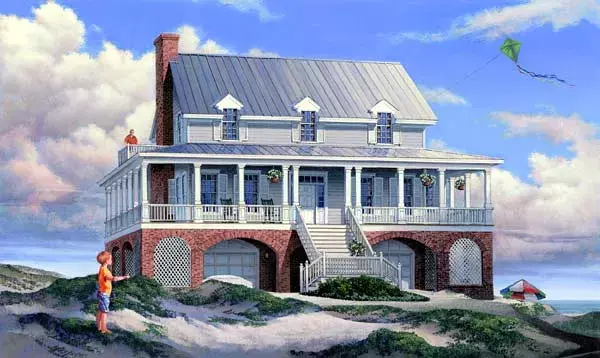 Coastal house plans 57-201 - front exterior, 3,041 sq ft, 3 bed, 3 bath house plans | Monster House Plans