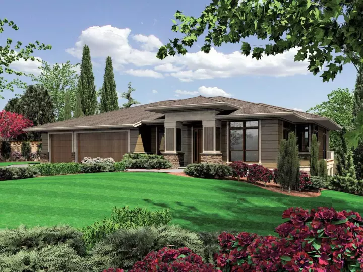 Prairie house plans 74-216 - front exterior, 3,682 sq ft, 4 bed, 4 bath house plans | Monster House Plans