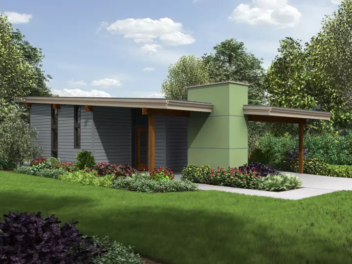 Contemporary house plans 74-796 - front exterior, 780 sq ft, 2 bed, 1 bath house plans | Monster House Plans