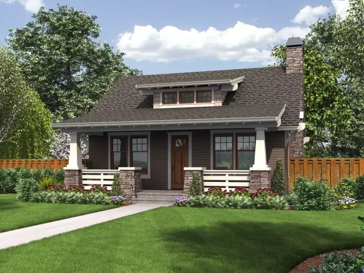 Bungalow house plans 74-800 - front exterior, 960 sq ft, 1 bed, 1 bath house plans | Monster House Plans
