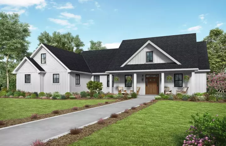 Modern Farmhouse house plans 74-910 - front exterior, 2,104 sq ft, 3 bed, 2 bath house plans | Monster House Plans