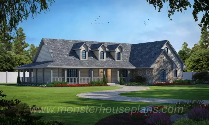 Country house plans 75-405 - front exterior, 2,001 sq ft, 3 bed, 2 bath house plans | Monster House Plans