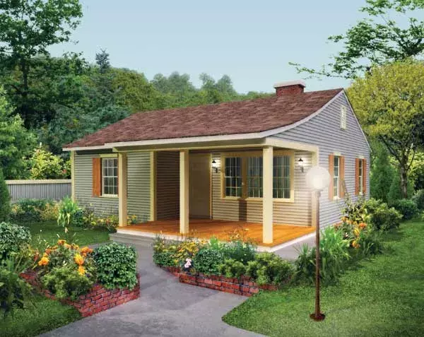 Country house plans 77-664 - front exterior, 733 sq ft, 2 bed, 1 bath house plans | Monster House Plans