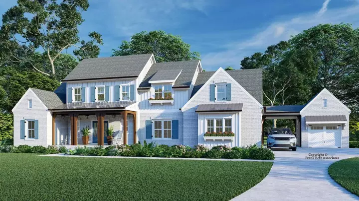Modern Farmhouse house plans 85-1097 - front exterior, 3,839 sq ft, 5 bed, 5 bath house plans | Monster House Plans