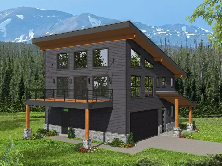 Contemporary house plans 87-256 - front exterior, 1,359 sq ft, 3 bed, 2 bath house plans | Monster House Plans